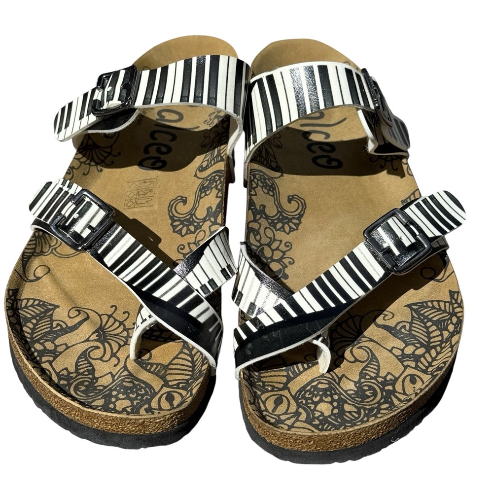 Calceo Sandals 42 Black Ivory Piano Keys Strappy Slip On Flat Shoes Artsy Boho
